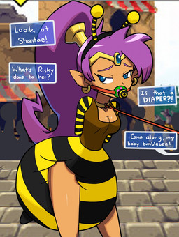 accessory bdsm big_diaper blue_eyes blue_gem bodily_fluids bondage bound brick_path building clothing collar costume crowd defeated_heroine diaper ear_piercing ear_ring fake_antennae female gag gem gold_accessory group hair hair_accessory hair_tie hands_behind_head headband huge_diaper humiliation kidnapping leash leash_pull leashed_collar not_furry offscreen_character onesie pacifier pacifier_gag piercing plant pointy_ears ponytail public public_humiliation purple_hair ring_piercing sad solo speech_bubble stinger stone_floor stone_wall stripes tears text tree wall_(structure) boxtrot shantae_(series) wayforward shantae half_genie black_and_yellow hi_res