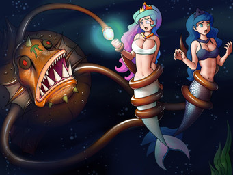 abs alternate_species ambiguous_gender bikini bikini_top blue_bikini_top blue_body blue_hair blue_scales breasts brown_body brown_scales cleavage clothed clothing crown empty_eyes female feral fish_tail glowing_lure group hair headgear hypnosis imminent_vore lure_(anatomy) mind_control multicolored_hair navel open_mouth restrained_arms scales seaweed sharp_teeth small_waist split_form swimwear teeth tentacle_around_body tentacle_around_wrist tentacles trio two-piece_swimsuit underwater water white_bikini_top white_body white_scales dlobo777 third-party_edit friendship_is_magic hasbro my_little_pony princess_celestia_(mlp) princess_luna_(mlp) anglerfish aquatic fish humanoid_merfolk merfolk sea_monster 2014 4:3 hi_res sibling_(lore) sister_(lore) sisters_(lore)
