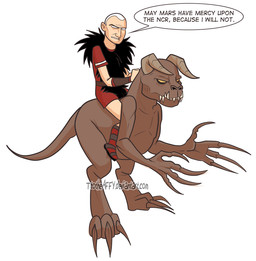 caesars_legion claws clothing digitigrade duo feral horn male new_vegas simple_background size_difference tail teeth text white_background ttotheaffy fallout microsoft caesar_(fallout) deathclaw human mammal scalie 2015 distracting_watermark english_text unavailable_at_source watermark