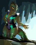 anthro cave clothed clothing female glistening glistening_body partially_submerged pose scales simple_background smile solo stalactite swimwear tail thick_thighs uniform water wet yellow_eyes yellow_sclera greenpolygon filmation flash_gordon lizard_woman_(the_new_adventures_of_flash_gordon) humanoid lizard reptile scalie 4:5 digital_media_(artwork) hi_res krita_(artwork) pinup