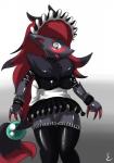 2015 anthro blush breasts canid canine claws clothed clothing female fur generation_5_pokemon genitals grey_body grey_fur hair hi_res legwear maid_uniform mammal nintendo open_mouth pokemon pokemon_(species) pussy red_hair solo stockings uniform virate-chip zoroark