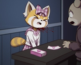 4_fingers anthro assassination blood blood_splatter bodily_fluids bottomwear bow_ribbon breasts clothing constricted_pupils cute_fangs death duo dying fangs fatal female female_death fingers furniture gore gunshot_wound killing male markings neck_wound pain perforating_wound pupils ring_(marking) ringed_tail shocked shooting skirt small_breasts small_pupils striped_markings striped_tail stripes table tail tail_markings teeth wince e254e aggretsuko sanrio retsuko ailurid bear mammal red_panda absurd_res hi_res