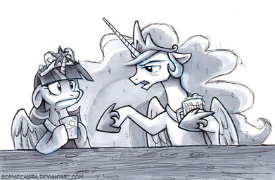 alcohol beer bendy_straw beverage crown drinking_straw drunk duo feathered_wings feathers female feral foam food fur glass hair headgear horn ice ice_cube jewelry multicolored_hair necklace sparkles substance_intoxication wings kenket sophiecabra friendship_is_magic hasbro my_little_pony mythology princess_celestia_(mlp) twilight_sparkle_(mlp) equid equine mammal mythological_creature mythological_equine winged_unicorn 2013 greyscale marker_(artwork) mixed_media monochrome pen_(artwork) traditional_media_(artwork)