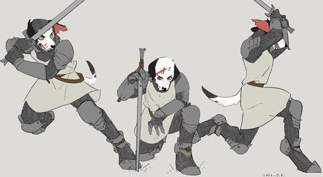 anthro armor clothing facial_scar fight fighting_pose gauntlets gloves handwear kneeling knight male melee_weapon pose scar sword warrior weapon haisfan canid canine canis dalmatian domestic_dog mammal hi_res