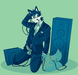 anthro balls black_eyes black_nose blue_hair blush bodily_fluids bottomwear cable clothed clothed_male clothing collared_shirt countershading dress_shirt erection eyewear fully_clothed fully_clothed_male fur genital_fluids genitals glasses green_background green_body green_fur green_necktie hair hand_behind_head holding_cable holding_wire kneeling leaning leaning_backward looking_aside male necktie notched_ear pants penis penis_poking_out penis_through_fly precum precum_on_penis pubes rectangular_glasses shirt simple_background solo speaker suit suit_jacket three-quarter_view topwear white_body white_dress_shirt white_fur thesketchfox domestic_cat felid feline felis mammal 2022 absurd_res cel_shading hi_res shaded