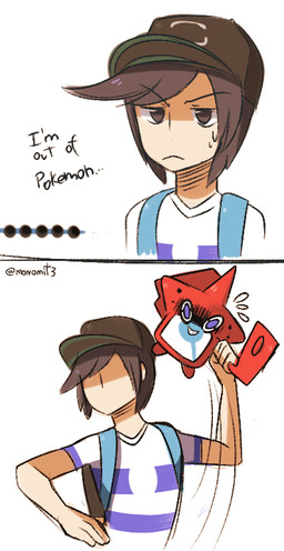 ambiguous_gender backpack blue_eyes bodily_fluids brown_eyes brown_hair clothing duo front_view hair hat headgear headwear humor male motion_lines not_furry pokedex red_body shirt simple_background sweat sweatdrop text topwear white_background white_body white_skin monomit3 nintendo pokemon elio_(pokemon) animate_inanimate generation_4_pokemon human mammal pokemon_(species) rotom rotom_pokedex