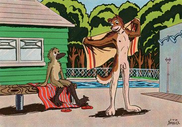 3_fingers 3_toes adolescent age_difference anthro balls barefoot barely_visible_genitalia barely_visible_penis beak bench biped black_beak black_body black_eyes black_nose black_penis black_scales blue_sky brown_body brown_feathers brown_fur building casual_nudity clothing countershade_face countershade_neck countershade_torso countershading day detailed_background drying drying_body drying_fur duo feathers feet fence fingers flaccid flip_flops floppy_ears footwear fur genitals grass green_eyes heterochromia humanoid_genitalia looking_at_another male multicolored_body multicolored_feathers multicolored_fur navel nipples no_irises nude nude_anthro nude_male nudist older_anthro older_male open_mouth outdoor_nudity outdoor_shower outside pattern_towel paws penis plant red_clothing red_flip_flops red_footwear retro sandals scaled_legs scales shoes shower_head sitting sky snout social_nudity standing striped_towel stripes swimming_pool tan_body tan_fur text toe_wiggle toes tongue towel tree two_tone_body two_tone_feathers white_sclera window young young_anthro young_male younger_anthro younger_male samareck joey_(samareck) avian bird canid canine canis domestic_dog mammal oscine passerine sparrow 2020 dated digital_media_(artwork) english_text halftone hi_res signature