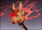 anthro blood bodily_fluids corpse death decapitation gore hair head_impalement head_on_stake impalement male piercing red_eyes red_hair severed_body_part severed_head simple_background sky solo kolkolukija lagomorph leporid mammal rabbit headshot_portrait hi_res portrait signature