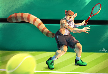 abs anthro biceps bottomwear clothed clothing footwear fur hair male muscular muscular_anthro muscular_male outside pecs shorts solo sport tennis tennis_racket topless waddledox mammal 2018 digital_media_(artwork)