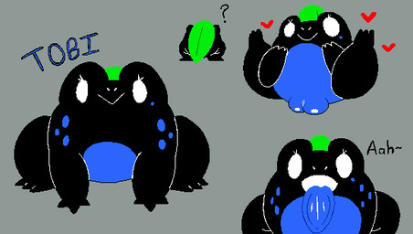 black_body black_skin eyelashes female feral genitals grey_background heart_symbol leaf leaf_hair looking_at_viewer open_mouth plant plant_hair pseudo_hair question_mark simple_background smile solo spread_legs spreading text vulva white_eyes slem tobi_(slem) amphibian frog character_name model_sheet