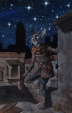 4_toes 5_fingers anthro armor barefoot belt blue_bottomwear blue_clothing blue_eyes blue_pants bottomwear brown_body brown_fur building city clothed clothing dagger detailed_background digitigrade ear_tuft feet female fingers fur glistening glistening_eyes hand_on_wall melee_weapon night outside pants plant scarf shadow sky solo standing star starry_sky tail toes torn_bottomwear torn_clothing torn_pants tuft urn vambrace weapon 0laffson shadi_(0laffson) caracal caracal_(genus) felid feline mammal 2020 dated hi_res signature