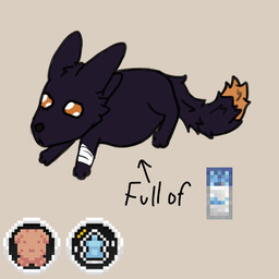 ambiguous_gender bandage bandaged_arm dark_body dark_fur dipstick_tail feral fur markings milk orange_eyes orange_tail_tip solo tail tail_markings dukeman_(artist) casualties:_unknown full_of_milk/soup_(meme) expie_(gunsawian) gunsawian 1:1
