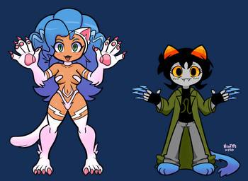 claws clothing duo female green_clothing green_jacket green_topwear horn jacket standing topwear newtype_hero capcom darkstalkers homestuck ms_paint_adventures felicia_(darkstalkers) nepeta_leijon alien animal_humanoid cat_humanoid felid felid_humanoid feline feline_humanoid humanoid mammal mammal_humanoid troll_(homestuck) alpha_channel