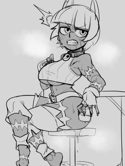 arm_scar belt beverage big_breasts blush blush_lines bodily_fluids breasts clenched_teeth clothing collar crop_top crossed_legs dark_body dark_skin fangs feet female fingerless_gloves fingernails frown furniture gloves grey_background hair handwear heat_(temperature) holding_beverage holding_glass holding_object leaning_on_table leg_scar legwear looking_aside midriff musk nails narrowed_eyes navel scar sharp_fingernails sharp_nails shirt short_hair side_view simple_background sitting_on_stool solo sweat sweat_drip sweatdrop sweaty_hips table teeth topwear under_boob painting_fish skullgirls nadia_fortune animal_humanoid cat_humanoid felid felid_humanoid feline feline_humanoid humanoid mammal mammal_humanoid 2022 3:4 absurd_res digital_drawing_(artwork) digital_media_(artwork) greyscale hi_res monochrome sketch