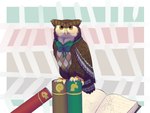 book bow_tie bow_tie_only brown_body brown_eyes feral feralized geometric_background green_bow_tie looking_at_viewer male mostly_nude perching simple_background solo uunicornicc animal_crossing nintendo blathers_(animal_crossing) avian bird great_horned_owl horned_owl owl true_owl 2020 4:3 hi_res