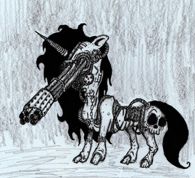 anthro augmented bone cybernetics fingernails gun horn ink machine male nails object_in_mouth ranged_weapon skull solo weapon weapon_in_mouth unhappy893 hasbro my_little_pony mythology fan_character equid equine hybrid mammal mythological_creature mythological_equine unicorn hi_res traditional_media_(artwork)