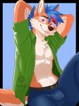 anthro belt blue_hair bottomwear bulge clothed clothing fur green_clothing green_shirt green_topwear hair male open_clothing open_shirt open_topwear orange_body orange_fur pants purple_eyes raised_arms shirt small_tooth smile smirk solo tail topwear netiscraft canid canine canis mammal wolf 3:4 hi_res