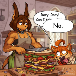 ahoge anthro apron armor bandeau belt_collar biceps bottomwear breasts brown_body brown_eyes brown_fur brown_hair cleavage clothed clothing dialogue duo female food fur hair holding_knife holding_object inner_ear_fluff knife looking_at_another looking_at_food looking_at_object muscular muscular_arms muscular_female open_mouth open_smile orange_body orange_eyes orange_fur orange_hair pants sandwich_(food) size_difference smile speech_bubble tail text tongue tongue_out topwear tuft vitaliachiever dog_knight_rpg maci_(ceehaz) rory_(ceehaz) canid canine canis dobermann domestic_dog mammal pinscher pomeranian spitz 1:1 2026 absurd_res comic_sans english_text hi_res signature