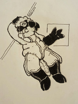 anthro bodysuit bulge clothing featureless_crotch gesture laid_back looking_at_viewer male permanent_smile sheepsuit simple_background skinsuit smile solo tail tight_clothing visor_eyes waving waving_at_viewer olddustt bovid caprine mammal sheep 3:4 absurd_res hi_res monochrome traditional_media_(artwork)