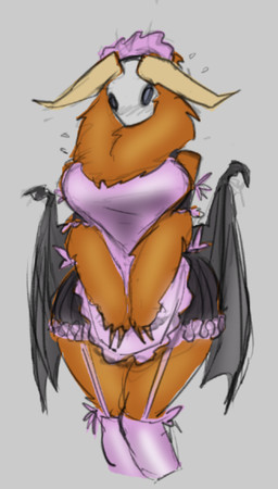 anthro big_breasts blush blush_lines breasts clothing cosplay costume female fur maid_uniform orange_body orange_fur shy solo uniform toxicempress3 bones_(cyborgzloth) arthropod bat hybrid insect lepidopteran mammal moth maleherm_(lore)