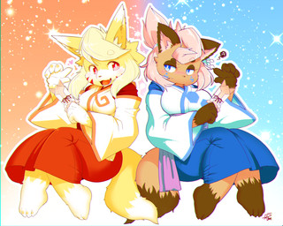 anthro asian_clothing blue_eyes brown_body brown_fur clothed clothing dipstick_tail duo east_asian_clothing eyebrows female fur japanese_clothing kemono leg_markings markings miko_outfit open_mouth red_eyes socks_(marking) tail tail_markings white_body white_fur yellow_body yellow_fur gut0002 rin-chan_(kame_3) yun-chan_(kame_3) canid canine mammal raccoon_dog tanuki 2018 hi_res japanese_description