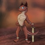 adventurer anthro barbarian blue_eyes horn male melee_weapon red_body solo sword weapon blen4k dungeons_and_dragons hasbro wizards_of_the_coast kobold scalie 1:1 2023 hi_res