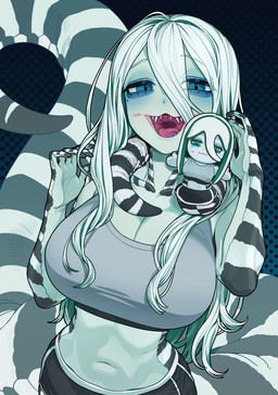 5_fingers abstract_background advertisement anthro apode big_breasts black_body black_bottomwear black_clothing black_scales black_shorts black_tail blue_eyes bottomwear bra breasts cleavage clothed clothed_female clothed_humanoid clothing collarbone dolphin_shorts eyebrow_through_hair eyebrows eyelashes female fingers grey_bra grey_clothing grey_sports_bra grey_underwear hair humanoid_hands legless long_hair markings midriff multicolored_body multicolored_bottomwear multicolored_clothing multicolored_hair multicolored_scales multicolored_shorts multicolored_tongue navel open_mouth open_smile pink_tongue plushie pupils purple_tongue scales serpentine sharp_teeth shorts slit_pupils smile solo split_form sports_bra striped_body striped_markings striped_scales striped_tail stripes tail tail_markings teal_hair teeth tongue translucent translucent_hair two_tone_body two_tone_bottomwear two_tone_clothing two_tone_hair two_tone_scales two_tone_shorts two_tone_tail two_tone_tongue underwear white_body white_bottomwear white_clothing white_eyebrows white_hair white_scales white_shorts white_skin white_tail sparrowl ivy_(sparrowl) animal_humanoid draconcopode humanoid lamia reptile reptile_humanoid scalie scalie_humanoid snake snake_humanoid 2026 absurd_res hi_res