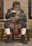 alcohol anthro balls beer bench beverage big_balls bodily_fluids bottomwear claws clothing dripping finger_claws footwear foreskin genital_fluids genitals glans kilt male navel nipples penis precum precum_drip saggy_balls shoes sitting socks solo teeth banana_da_boi guinness crocodilian reptile scalie absurd_res digital_drawing_(artwork) digital_media_(artwork) hi_res