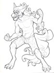 angry anthro cigarette claws clothing ear_piercing eyebrows fangs fighting_pose hair long_hair male piercing pose smoking solo standing tail teeth thick_eyebrows underwear airu asian_mythology east_asian_mythology mythology jake_(airu) foo_dog mammal traditional_media_(artwork)