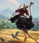 2018 3_toes anthro avian beak biped bird black_body black_eyes black_feathers black_nose blurred_foreground bottomwear bracelet brown_beak brown_body brown_fur brown_sclera canid canine canis clothed clothing cloud columbid day digital_media_(artwork) dove ethiopian_wolf feathers feet feral fur grass grassland group hax_(artist) hi_res holding_object holding_weapon jackal jewelry kenket lofi looking_down male mammal melee_weapon mountain multicolored_body multicolored_feathers multicolored_fur open_beak open_mouth ostrich outside pants paws plant polearm ratite red_clothing red_topwear riding running shirt side_view sky solo_focus spear toes topwear tree two_tone_body two_tone_feathers two_tone_fur watermark weapon white_body white_bottomwear white_clothing white_feathers white_fur
