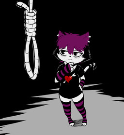 3_toes 4_fingers absolute_territory anthro arrow_through_heart black_hair clothing collar considering dark ear_piercing ear_ring eye_bags facial_piercing feet female fingers fur hair hand_on_chin hand_on_hip imminent_death imminent_suicide legwear lip_piercing markings noose piercing pigeon_toed purple_hair ring_(marking) ring_piercing ringed_tail shadow shirt solo stockings striped_markings striped_tail stripes suicidal_ideation t-shirt tail tail_markings thinking toes topwear white_body white_fur e254e veronica_(e254e) domestic_cat felid feline felis mammal absurd_res hi_res