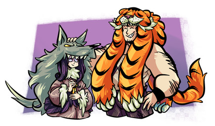 animal_skin black_hair blush duo eyes_closed female hair hand_on_head lamp lantern male muscular sharp_teeth smile teeth rottenchicken indivisible skullgirls beowulf_(skullgirls) razmi canid canine canis human mammal wolf crossover