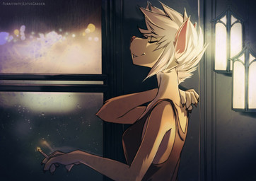 anthro blonde_hair cigarette claws clothed clothing eyes_closed female fur hair inside pink_nose relaxing shirt short_hair side_view solo tank_top tomboy topwear window yellow_body yellow_fur lotusgarden frori canid canine canis domestic_dog mammal 2016