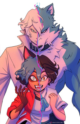 5_fingers anthro black_collar black_nose blue_body blue_fur blue_hair breasts brown_body brown_fur brown_hair claws clothing coat collar duo facial_markings female fingers fur hair head_markings humanoid_hands jacket larger_male looking_at_viewer male markings mask_(marking) muscular muscular_male open_mouth red_clothing school_uniform simple_background size_difference smaller_female split_form teeth text tongue topwear trenchcoat uniform white_background white_body white_clothing white_fur white_hair maodraws brand_new_animal studio_trigger michiru_kagemori shirou_ogami canid canine canis human mammal raccoon_dog tanuki wolf 2020 absurd_res digital_media_(artwork) hi_res