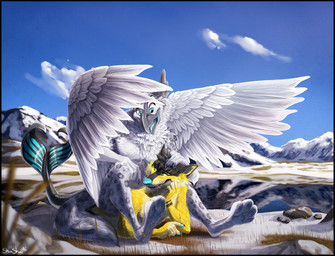 ambiguous_gender anthro beak blue_nose duo feathered_wings feathers fur grass green_eyes looking_back lying markings mountain nude on_ground pinned plant sitting snow split_form straddling tail white_body white_feathers wings yellow_body yellow_fur skiaskai mythology aquatic avian canid canine fish gryphon hybrid mammal merfolk mythological_avian mythological_creature 2016
