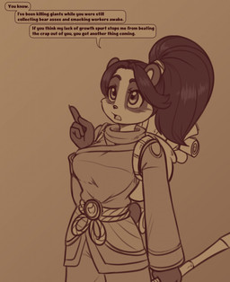 4_fingers accessory anthro backpack belt black_body black_fur black_hair black_nose bottomwear breasts brown_background clothing countershade_face countershading dialogue female fingers fur gem gesture hair hair_accessory hair_ribbon hand_gesture holding_object holding_staff looking_aside medium_breasts pants patch_(fabric) pointing ponytail ribbons rope rope_belt scroll shirt simple_background solo speech_bubble staff standing tail text topwear scorpdk blizzard_entertainment warcraft li_li_stormstout bear mammal pandaren 2019 digital_drawing_(artwork) digital_media_(artwork) hi_res monochrome