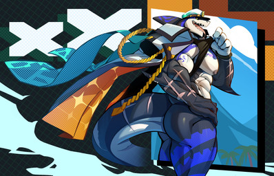 abs anthro biceps bottomless bottomless_anthro bottomless_male butt clothed clothing coat coat_cape male muscular muscular_anthro muscular_male nipples open_mouth pecs scar sharp_teeth solo teeth tongue topwear dottodottodott0 xxl_woofia captain_locke_(xxl_woofia) fish marine shark absurd_res hi_res