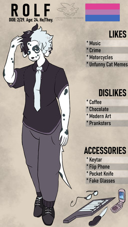 accessory anthro cellphone clothing electronics eyewear flip_phone fur glasses keyboard_instrument knife male markings musical_instrument musical_keyboard necktie phone phone_screen solo spots spotted_body spotted_fur text yumuyumu canid canine canis dalmatian domestic_dog mammal 9:16 english_text hi_res model_sheet