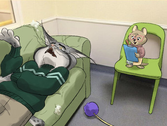 anthro bottomwear brown_eyes cat_toy chair cheek_tuft clothing document duo ear_tuft eyewear facial_tuft fangs female fluffy fur furniture glasses green_clothing green_sweater green_topwear grey_body grey_fur inside lying male on_back on_chair on_sofa open_mouth pants pink_clothing pink_sweater pink_topwear size_difference skirt sofa standing standing_on_chair striped_body striped_fur stripes sweater tail tan_body tan_fur teeth therapy topwear tuft whiskers writing_text yellow_eyes rayaloverbutler disney zootopia dr._fuzzby pawbert_lynxley canada_lynx felid feline lynx macropod mammal marsupial quokka 2025 draw_over hi_res