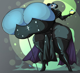 animal_mask anthro beak_mask big_breasts blue_body blue_feathers boots breasts clothing feathers female footwear headgear headwear high_heeled_boots high_heels holding_object holding_potion huge_breasts hyper hyper_breasts mask plague_doctor potion shoes solo thick_thighs jaeh busty_bird avian bird corvid corvus_(genus) crow oscine passerine 2025 absurd_res hi_res