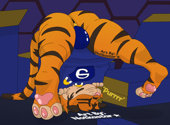 anthro box bulge butt clothing container eyes_closed happy male markings pawpads purring slightly_chubby solo striped_body stripes tail thong underwear upside_down conditional_dnp notkastar e621 tennis_ace jun_kobayashi felid feline mammal pantherine tiger