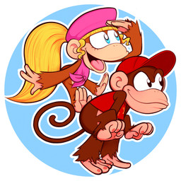 4_fingers 4_toes anthro barefoot blonde_hair blue_eyes bottomless brown_body brown_fur clothed clothing duo feet female fingers fur hair hat headgear headwear long_hair male open_mouth open_smile ponytail prehensile_feet shirt simple_background smile toes tongue toony topwear veronicaandjelly donkey_kong_(series) nintendo diddy_kong dixie_kong haplorhine mammal monkey primate 1:1 2020 absurd_res hi_res