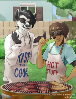 anthro apron backyard barbecue building clothing collared_shirt digit_ring dress_shirt duo eyewear fence grass grill house jewelry larger_anthro larger_male male plant ring shirt size_difference slice_of_life smaller_anthro smaller_male sunglasses t-shirt topwear tree wedding_ring window pwnagespartan nintendo pokemon daniel_porter canid canine canis dobermann domestic_dog generation_8_pokemon mammal obstagoon pinscher pokemon_(species) absurd_res hi_res