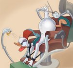 anthro ass_up barber_chair beak butt clothing cologne feathers female footwear forced high_heels mechanical_barber_chair mostly_nude robot_arm scissors shoes solo strapped_to_a_chair tail tail_feathers white_body white_feathers zdrer456 disney donna_duck_(disney) anatid anseriform avian bird duck hi_res