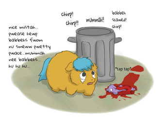 ambiguous_feral ambiguous_gender animal_noises baby_talk black_eyes blood blue_hair blue_tail bodily_fluids brown_body brown_fur chirping crying dialogue duo dying exposed_muscle feral fur gore hair looking_up lying neonate offscreen_character on_front open_mouth purple_body purple_fur standing tail tears text trash_can young young_ambiguous young_feral carpdime fluffy_pony fluffy_pony_(species) mammal digital_media_(artwork) english_text