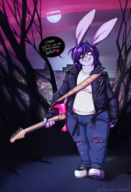 anthro belt bottomwear city city_background clothing denim denim_bottomwear denim_clothing electric_guitar fingerless_gloves footwear gloves guitar hair handwear heart_symbol jacket jeans leather leather_clothing leather_jacket leather_topwear male moon musical_instrument night pants plucked_string_instrument purple_hair shirt shoes smile sneakers solo speech_bubble string_instrument t-shirt text topwear torn_bottomwear torn_clothing torn_jeans torn_pants white_clothing white_shirt white_t-shirt white_topwear naughtyjester arthur_(lapinbeau) domestic_rabbit flemish_giant lagomorph leporid mammal oryctolagus rabbit absurd_res english_text hi_res signature