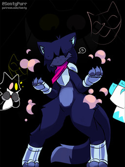 after_transformation alternate_species anthro armor black_background blue_body blue_fur bodily_fluids cheek_tuft claws clothing countershade_torso countershading cute_fangs facial_tuft fangs featureless_crotch finger_claws fingerless_gloves footwear fur furrification gloves hair hair_over_eyes handwear heterochromia hip_tuft interrobang leg_tuft pointy_ears prick_ears scarf simple_background smoke sparkles species_transformation speech_bubble standing sweat sweatdrop tail teeth text toeless_footwear transformation tuft whiskers sentypurr deltarune undertale_(series) cat_mike_(deltarune) friend_(deltarune) kris_dreemurr mike_(deltarune) darkner domestic_cat felid feline felis mammal tasque 2025 3:4 artist_name hi_res url