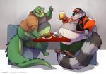 alcohol anthro baseball_cap beer belly beverage big_belly big_butt burger burrito butt claws clothed clothing dog_tags duo facial_markings food fur green_body green_scales grey_body grey_fur hat head_markings headgear headwear holding_beverage holding_food holding_object kerchief male markings mask_(marking) midriff navel obese obese_male open_mouth overweight overweight_male ring_(marking) ringed_tail scales sitting smile striped_markings striped_tail stripes tail tail_markings text toe_claws white_body white_fur pac rocky_ramos sewergator_(character) alligator alligatorid crocodilian mammal procyonid raccoon reptile scalie hi_res url