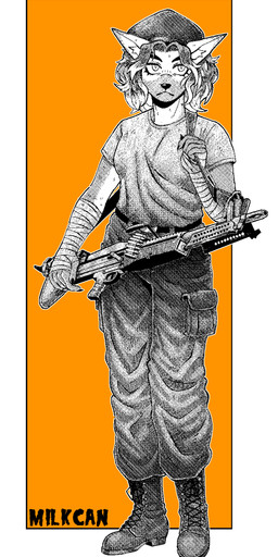 anthro bandage belt boots bottomwear bullet cargo_pants clothed clothing female footwear fur gun hair hat headgear headwear lmg_(weapon) looking_at_viewer m60 machine_gun pants ranged_weapon shirt shoes solo tail text topwear weapon milkcan_(artist) canid mammal absurd_res digital_media_(artwork) hi_res monochrome