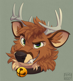 anthro bell bell_collar black_nose brown_body brown_fur collar fangs fluffy fur green_background green_eyes grey_horn head_tuft horn looking_at_viewer male simple_background smile smiling_at_viewer smug_grin solo tan_body tan_fur teeth tuft remywolf deer mammal 2025 colored digital_drawing_(artwork) digital_media_(artwork) headshot_portrait hi_res portrait shaded
